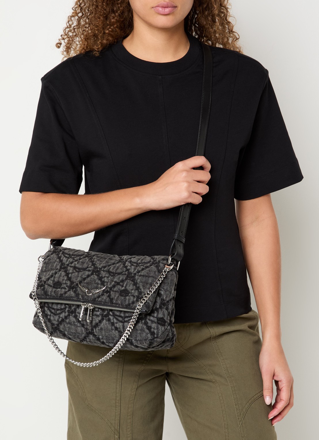 Zadig&Voltaire Rock II schoudertas met quilt patroon en afneembare schouderriem - voorkant 6 donkergrijs