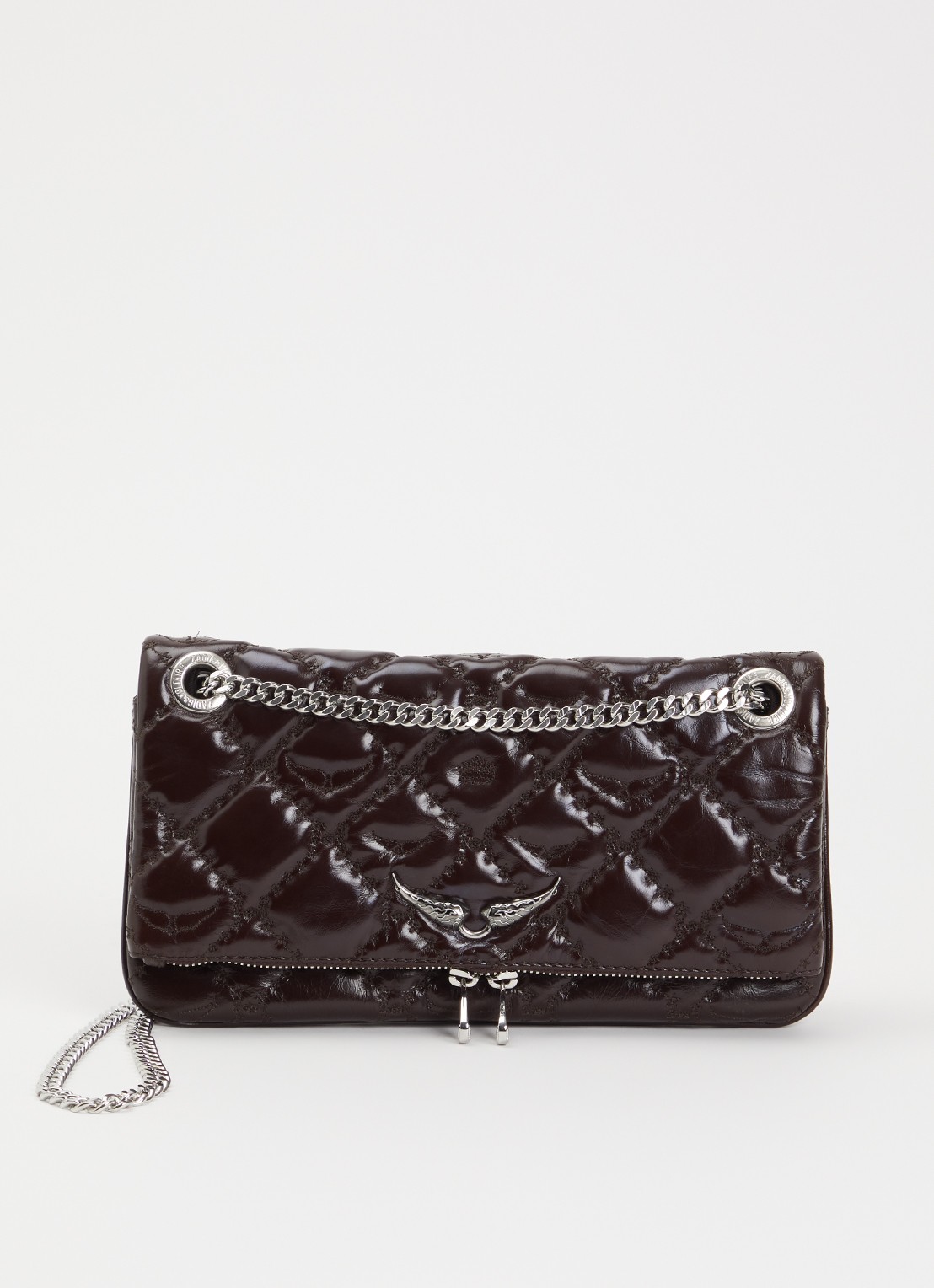Zadig&Voltaire Rock II Vintage clutch van lakleer met verstelbare schouderriem - voorkant donkerbruin