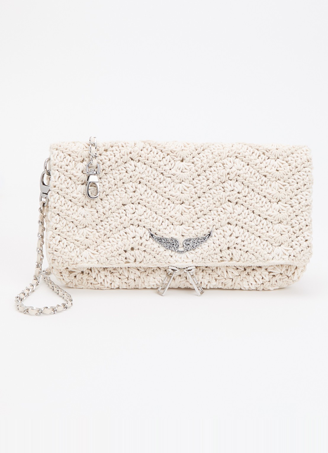 Zadig&Voltaire Rock macramé clutch met afneembare schouderriem  - voorkant ivoor