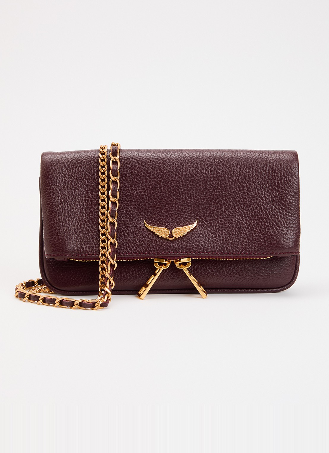 Zadig&Voltaire Rock Mini clutch van leer met afneembare schouderriem - voorkant bordeauxrood