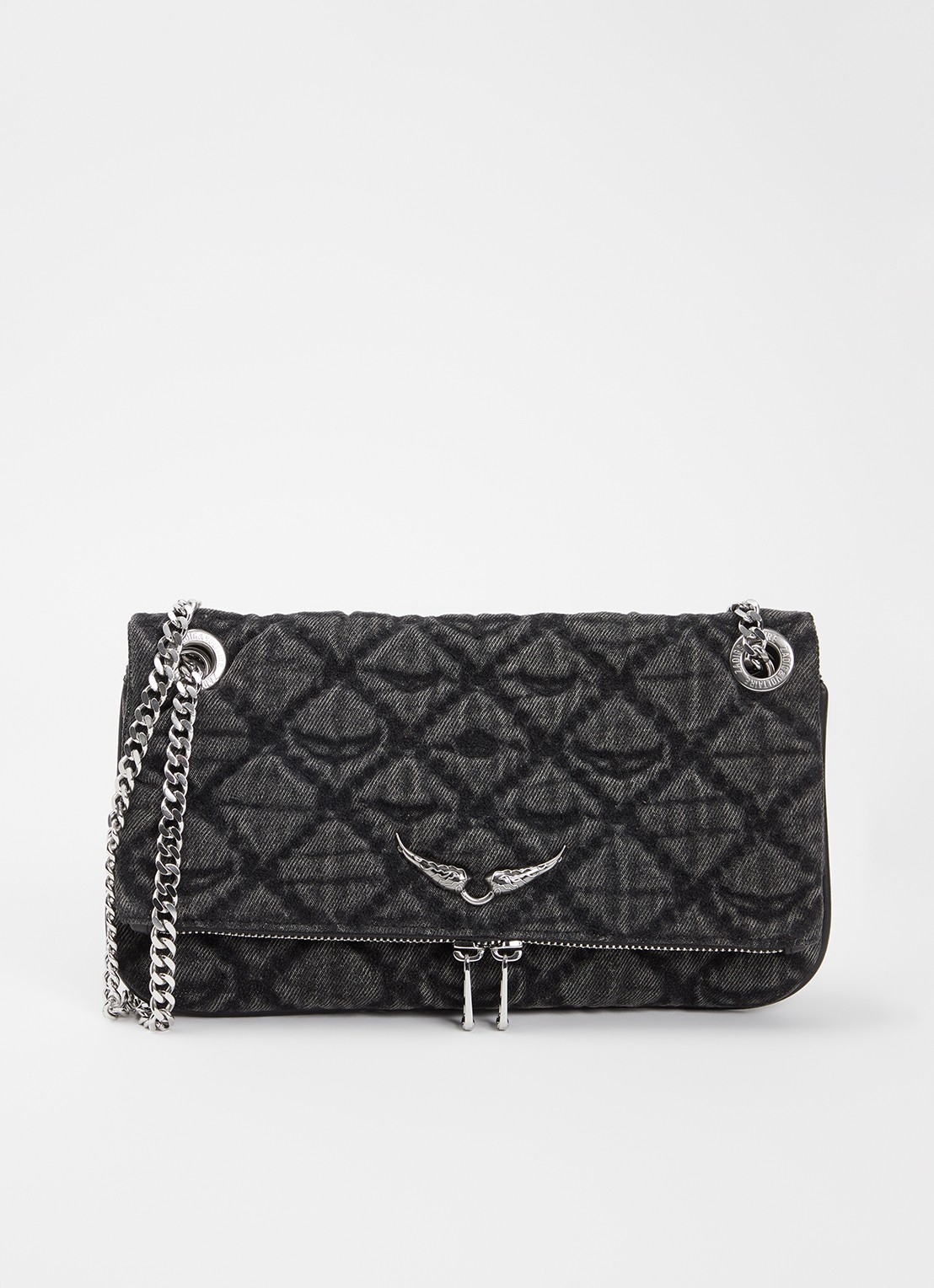 Zadig&Voltaire Rock Nano clutch van denim met afneembare schouderriem - voorkant 5 donkergrijs