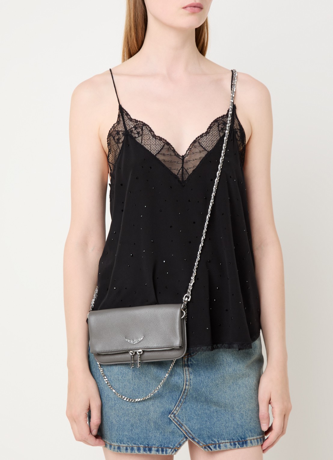 Zadig&Voltaire Rock Nano clutch van leer met afneembare schouderriem - voorkant 6 grijs