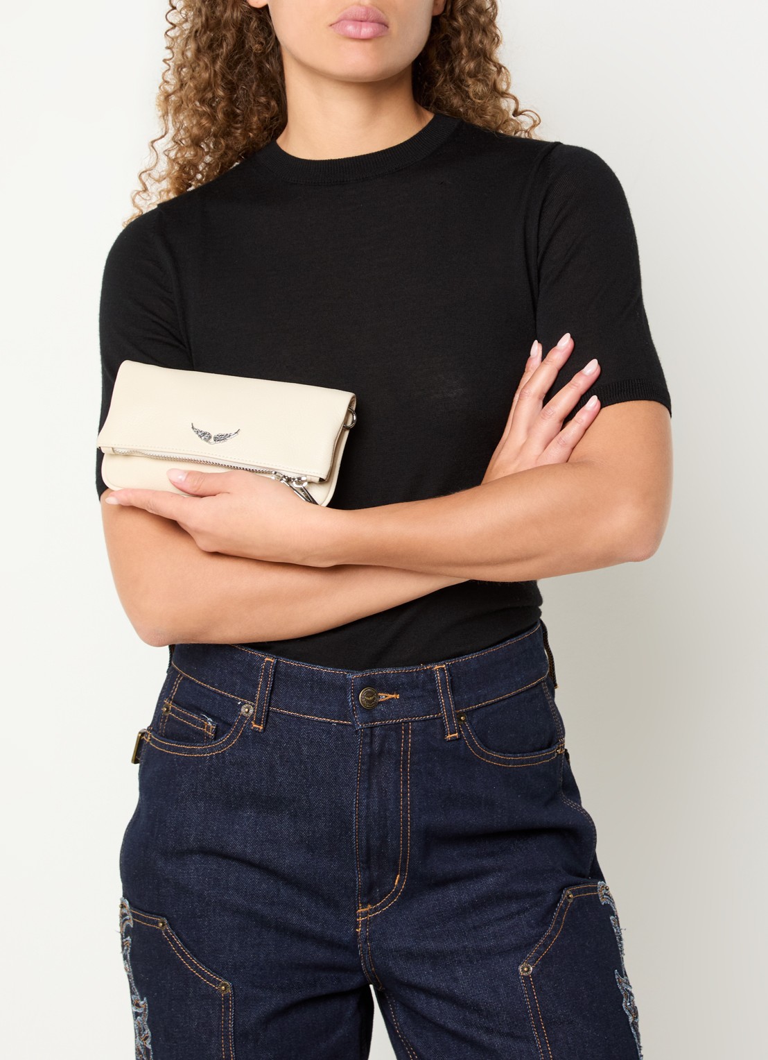 Zadig&Voltaire Rock Nano clutch van leer met afneembare schouderriem - voorkant 3 creme