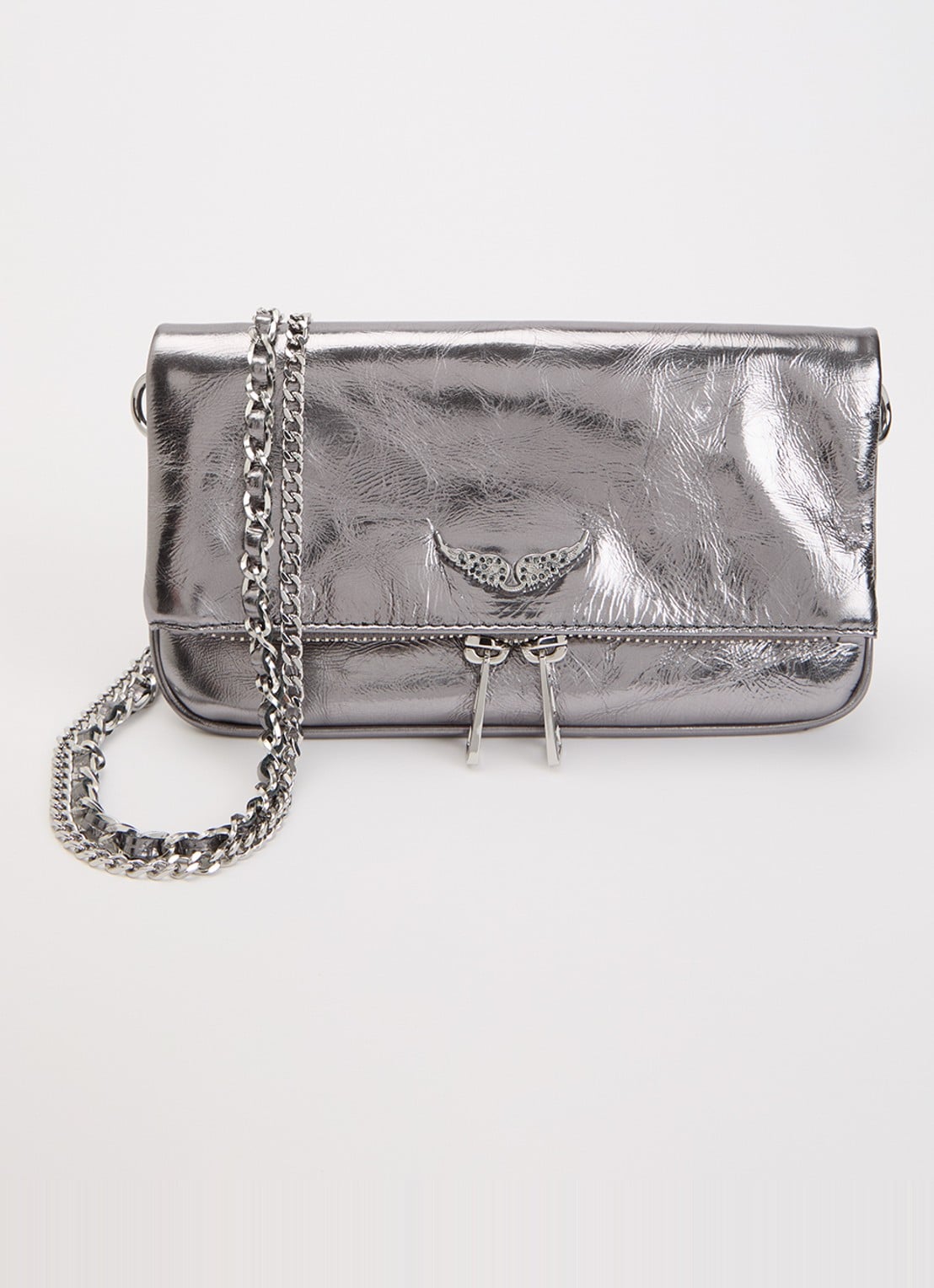 Zadig&Voltaire Rock Nano clutch van leer met metallic finish en afneembare schouderriem - voorkant 5 zilver