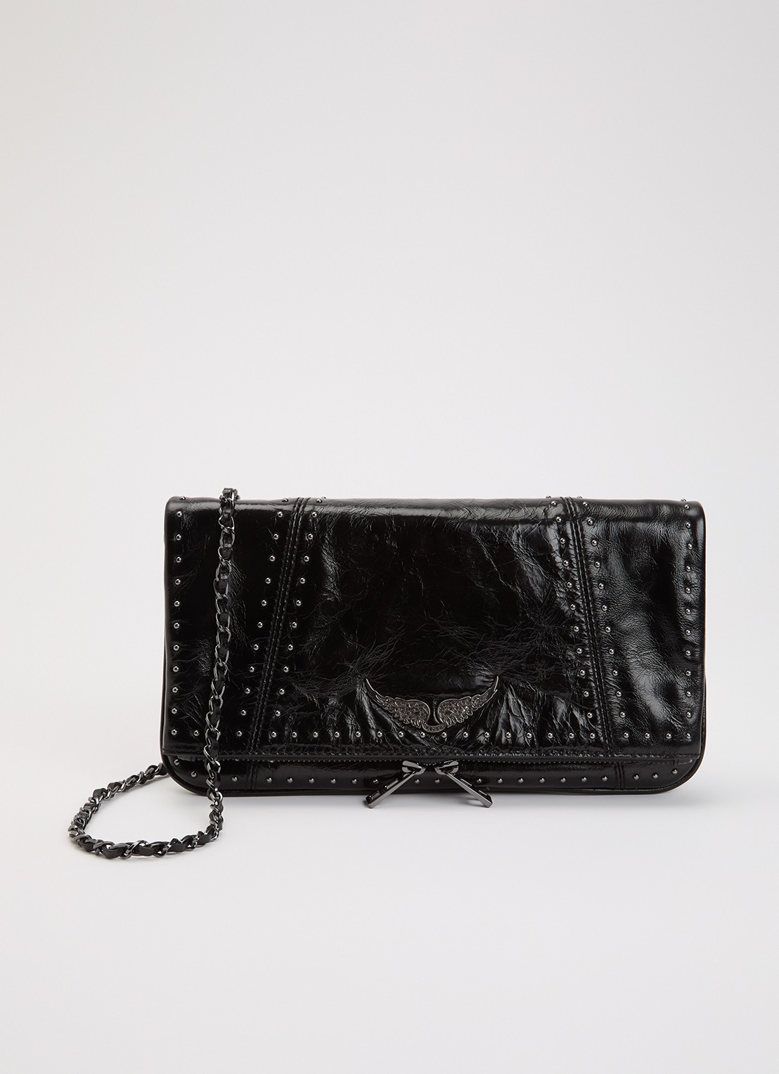 Zadig&Voltaire Rock vintage clutch van leer met metallic finish en studs - voorkant zwart