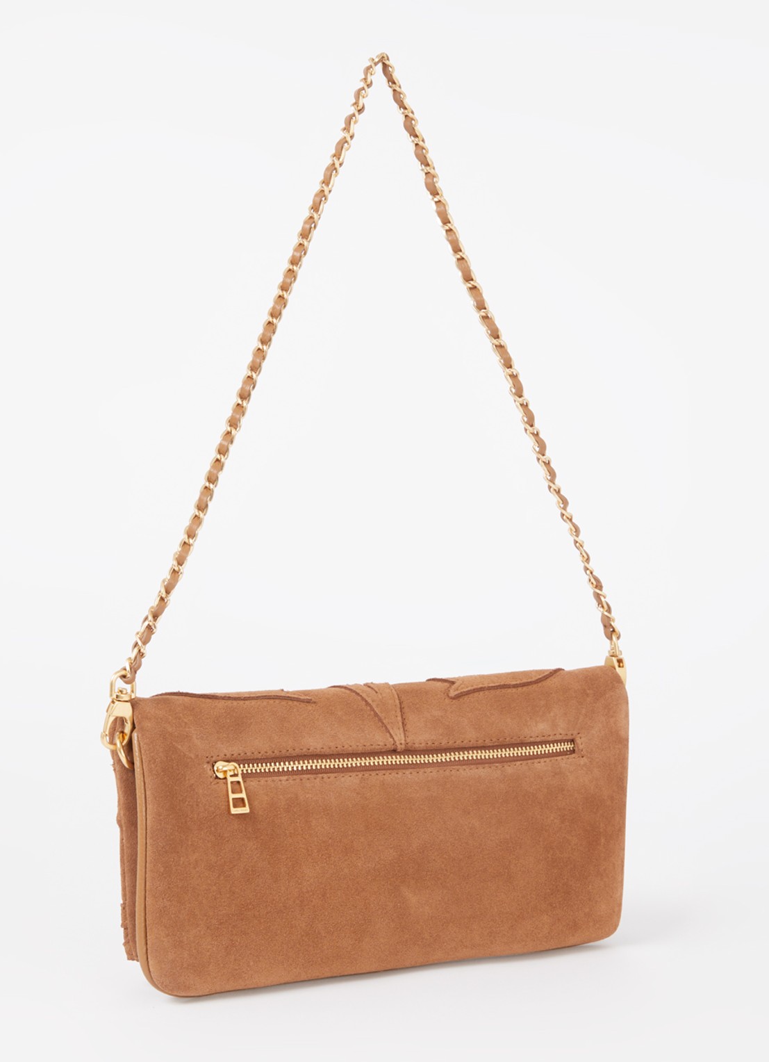 Zadig&Voltaire Rock Western clutch van suède met afneembare schouderriem  - achterkant cognac
