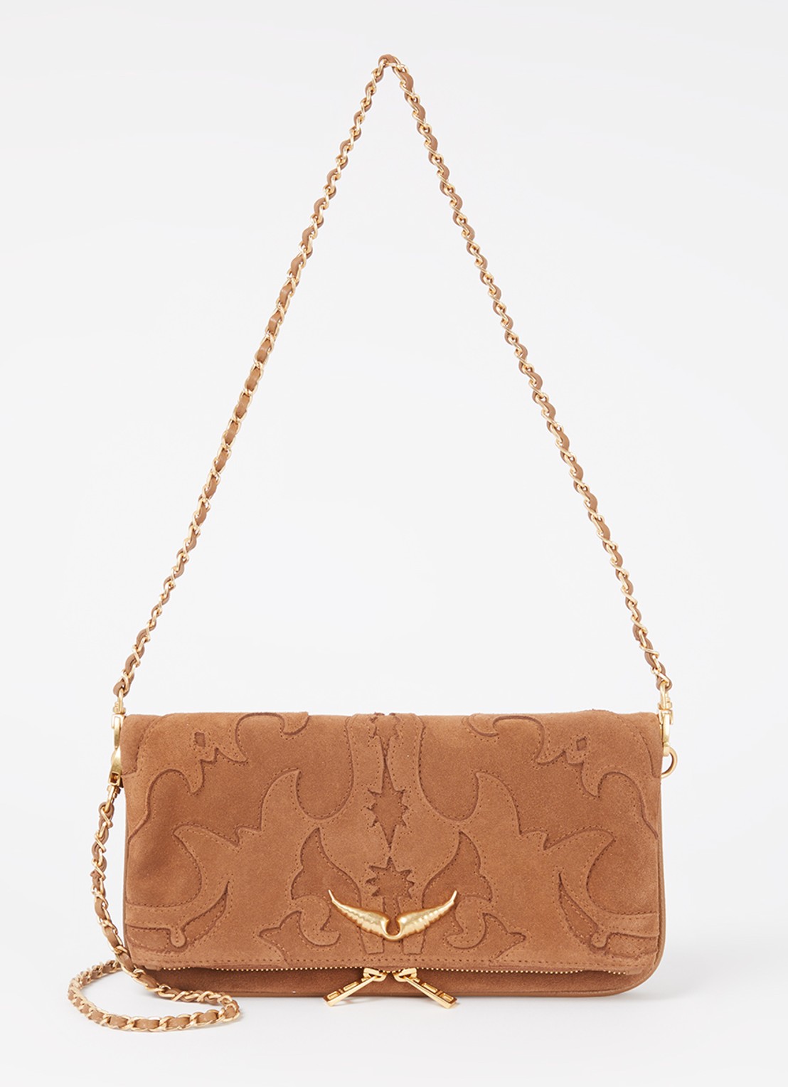 Zadig&Voltaire Rock Western clutch van suède met afneembare schouderriem  - voorkant 2 cognac