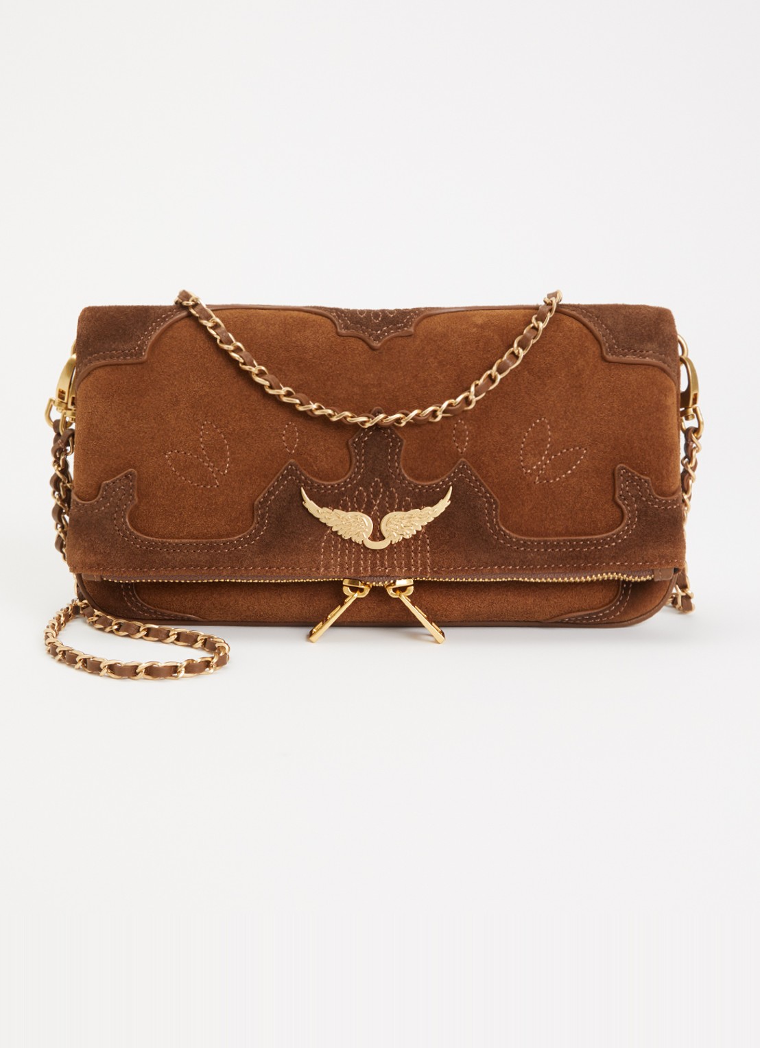 Zadig&Voltaire Rock Western clutch van suède - voorkant 2 cognac