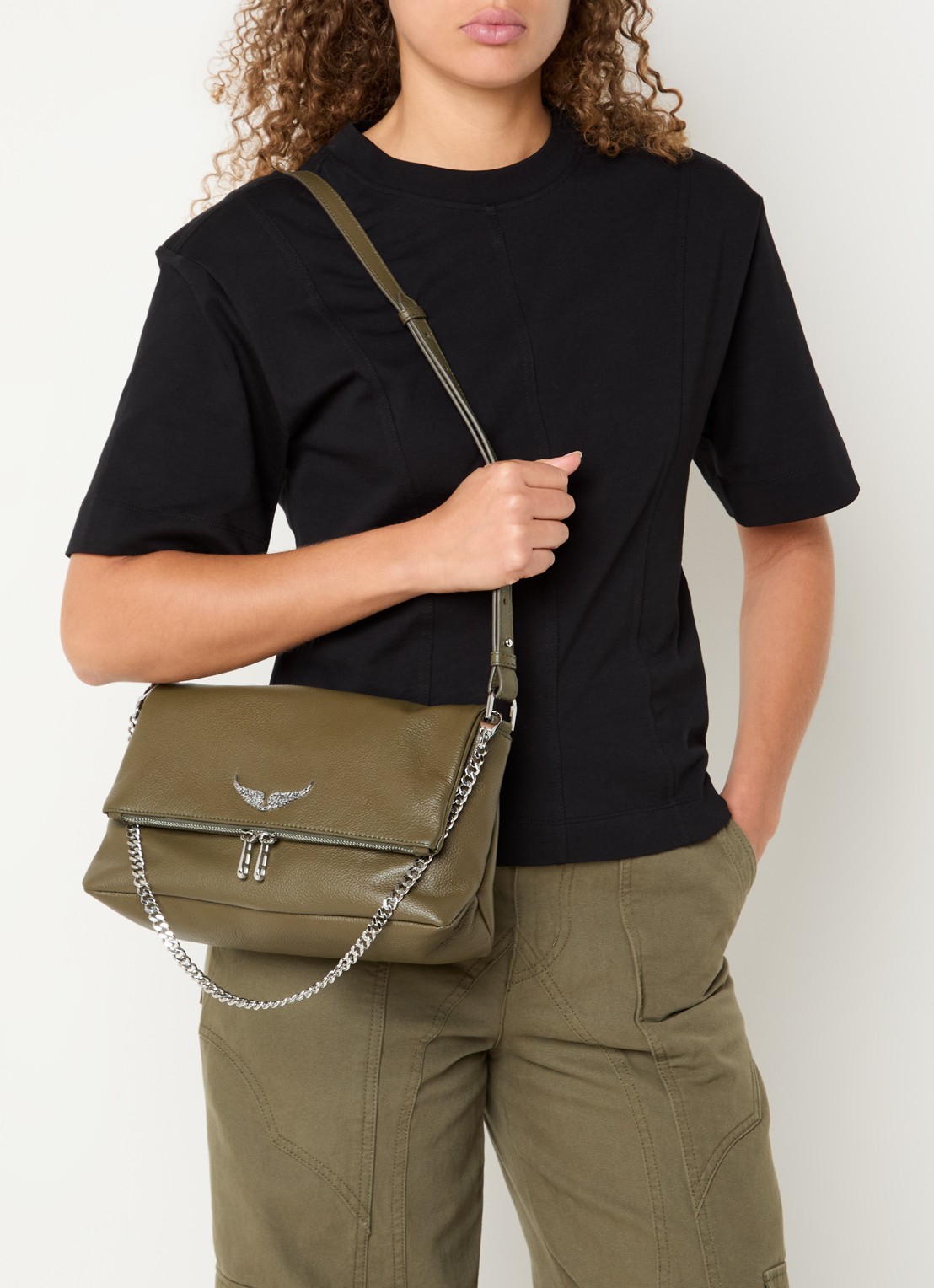 Zadig&Voltaire Rocky II schoudertas van leer met logo - voorkant 2 bronsgroen