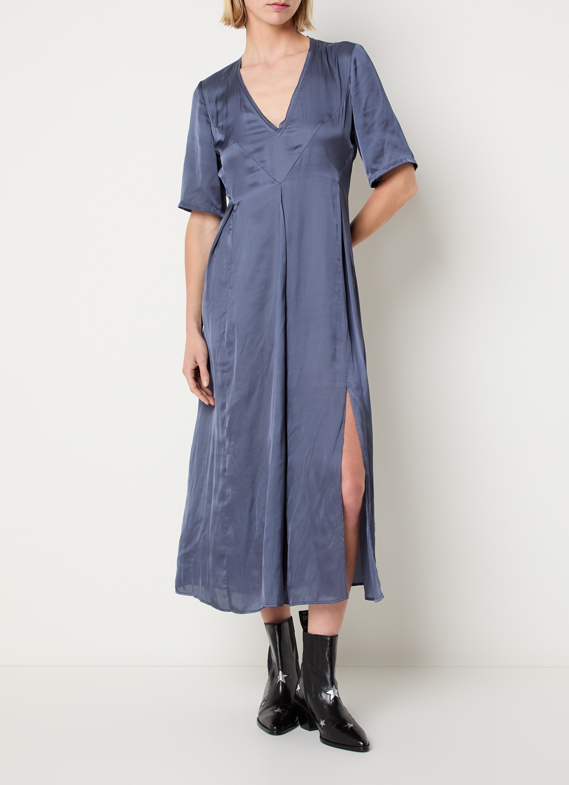 Zadig&Voltaire Rodalan midi jurk van satijn met split - detail 3 royalblauw