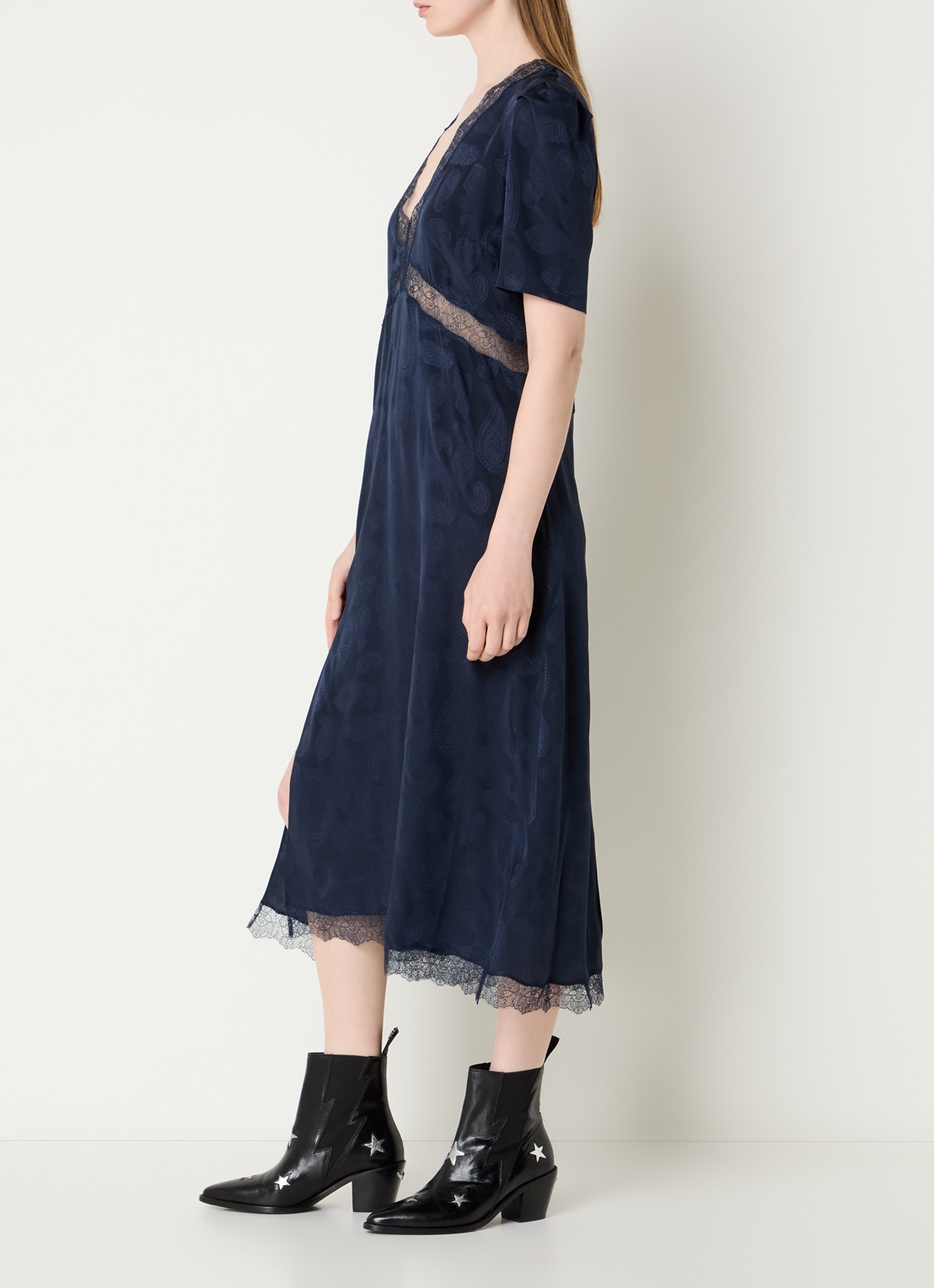 Zadig&Voltaire Rodexa mini jurk van zijde met print en details van kant  - voorkant 4 donkerblauw