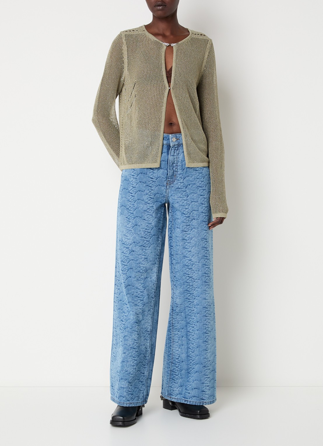 Zadig&Voltaire Saya vest met lurex en opengewerkt dessin - voorkant 4 mosgroen