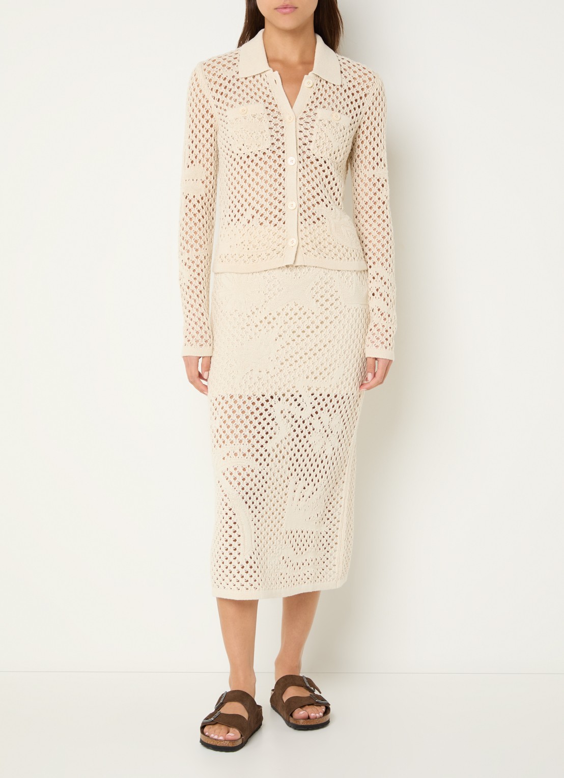 Zadig&Voltaire Soly midi kokerrok met opengewerkt dessin - voorkant 2 beige
