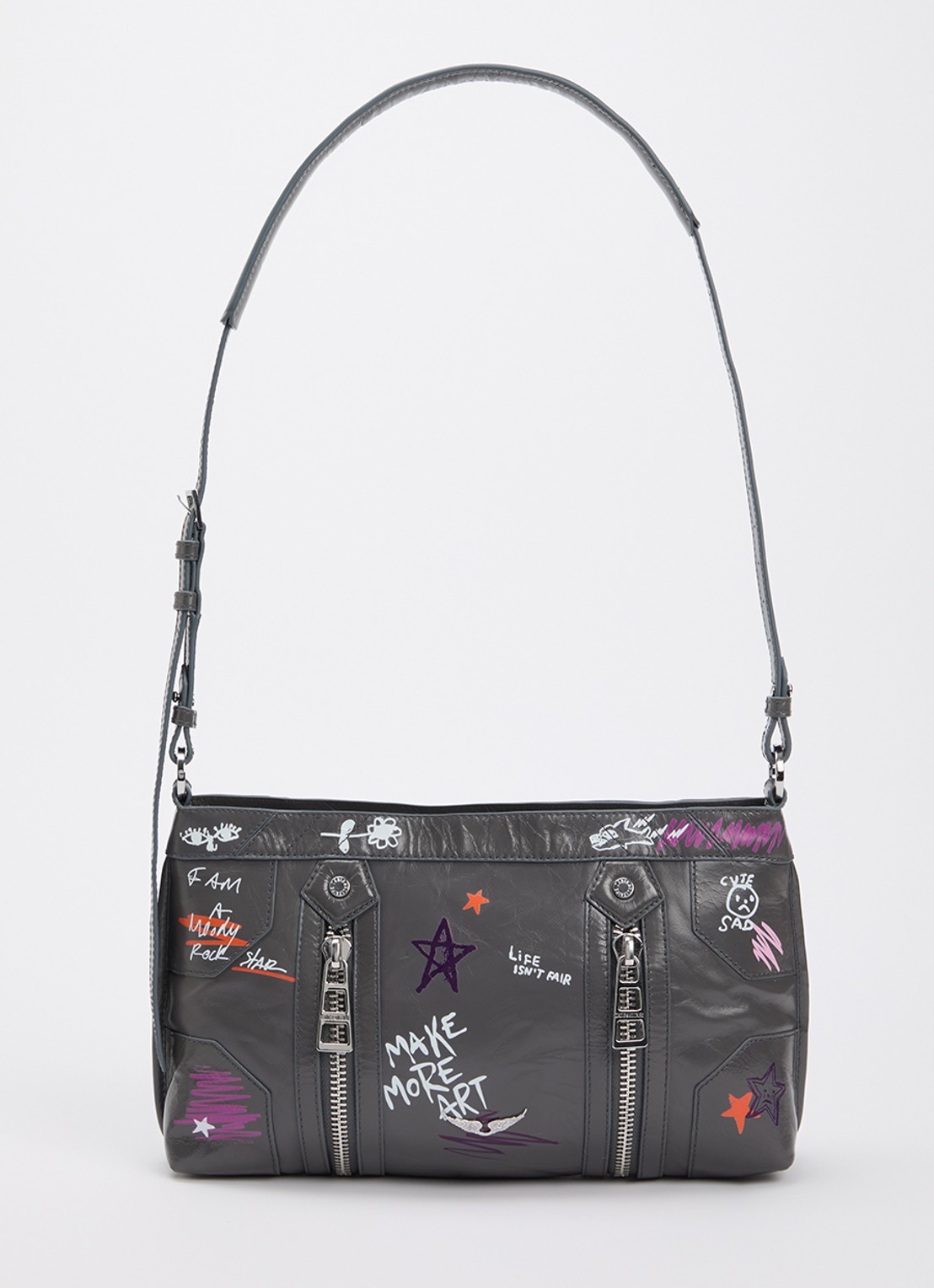 Zadig&Voltaire Sunny Moody crossbodytas van leer met print - voorkant grijs
