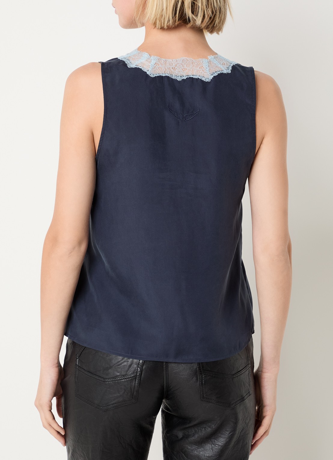 Zadig&Voltaire Tasao top van satijn met details van kant - achterkant donkerblauw