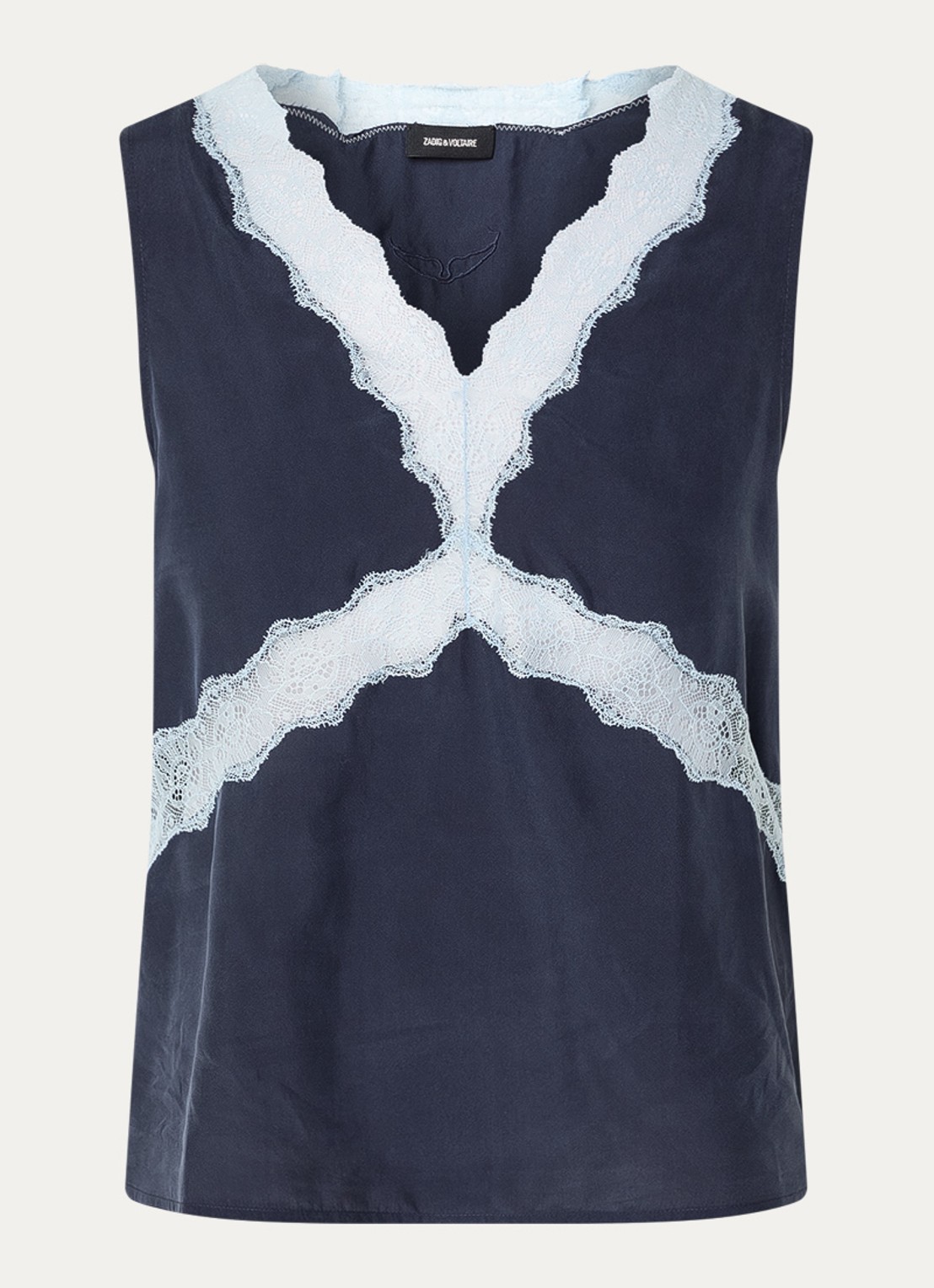 Zadig&Voltaire Tasao top van satijn met details van kant - voorkant 2 donkerblauw