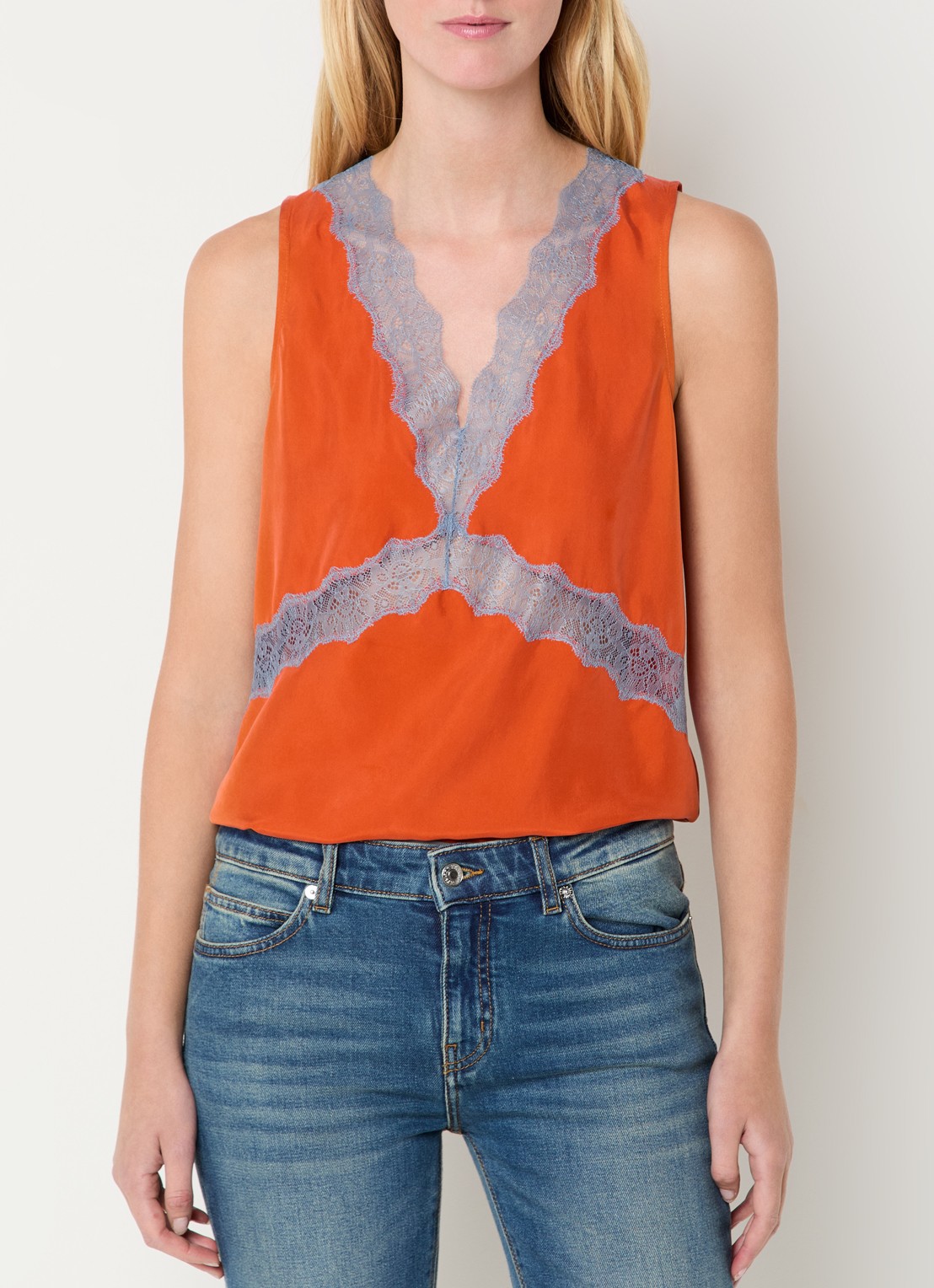 Zadig&Voltaire Tasao top van satijn met details van kant - detail 3 oranjerood