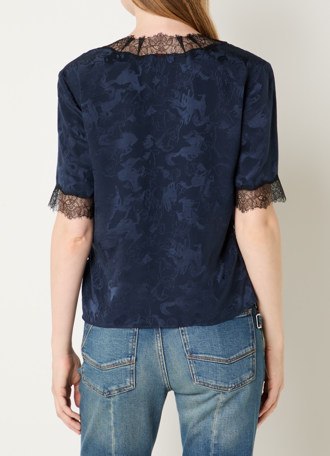 Zadig&Voltaire Tedoxa top met jacquard dessin en details van kant - achterkant donkerblauw