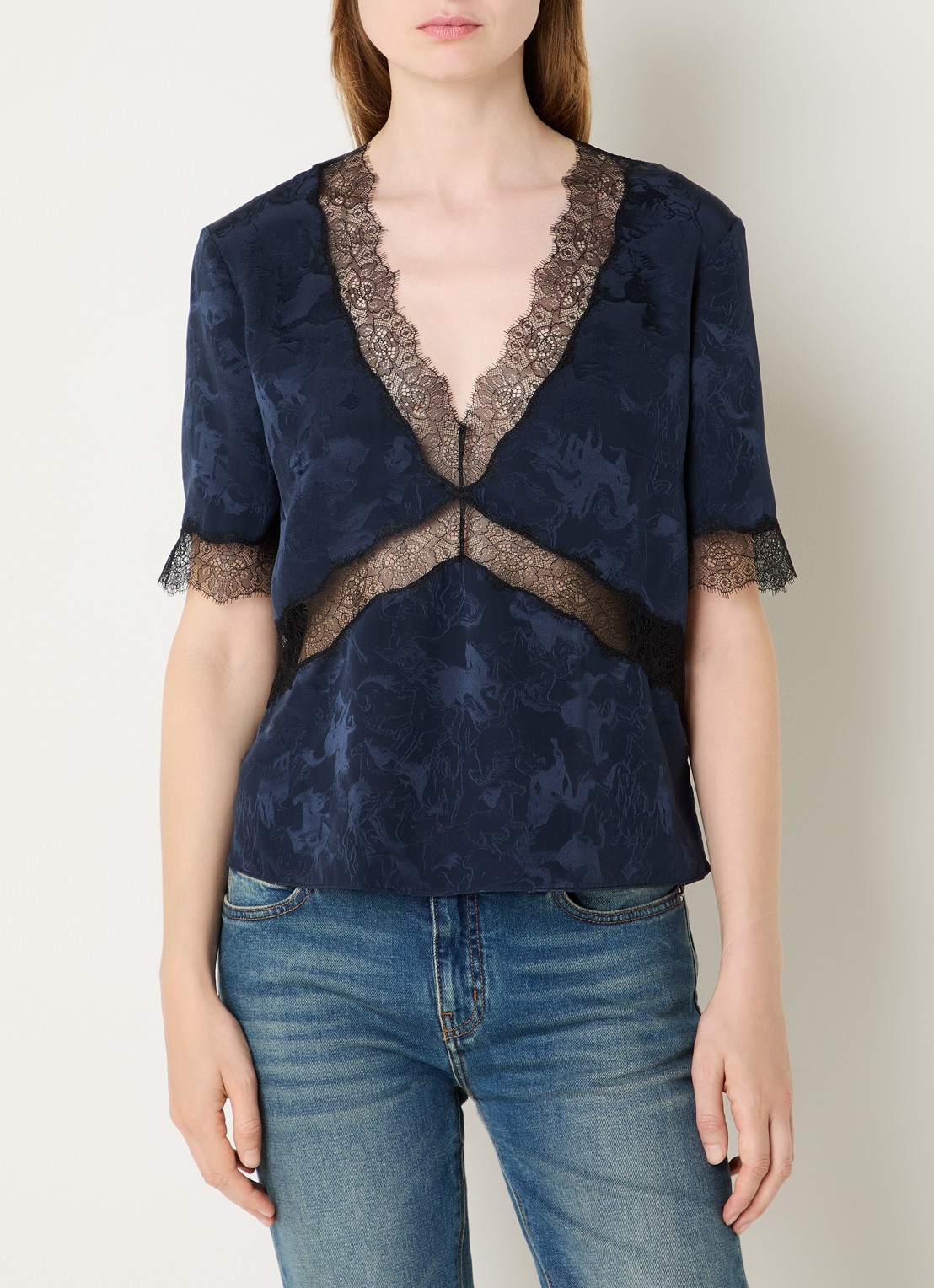Zadig&Voltaire Tedoxa top met jacquard dessin en details van kant - detail 2 donkerblauw