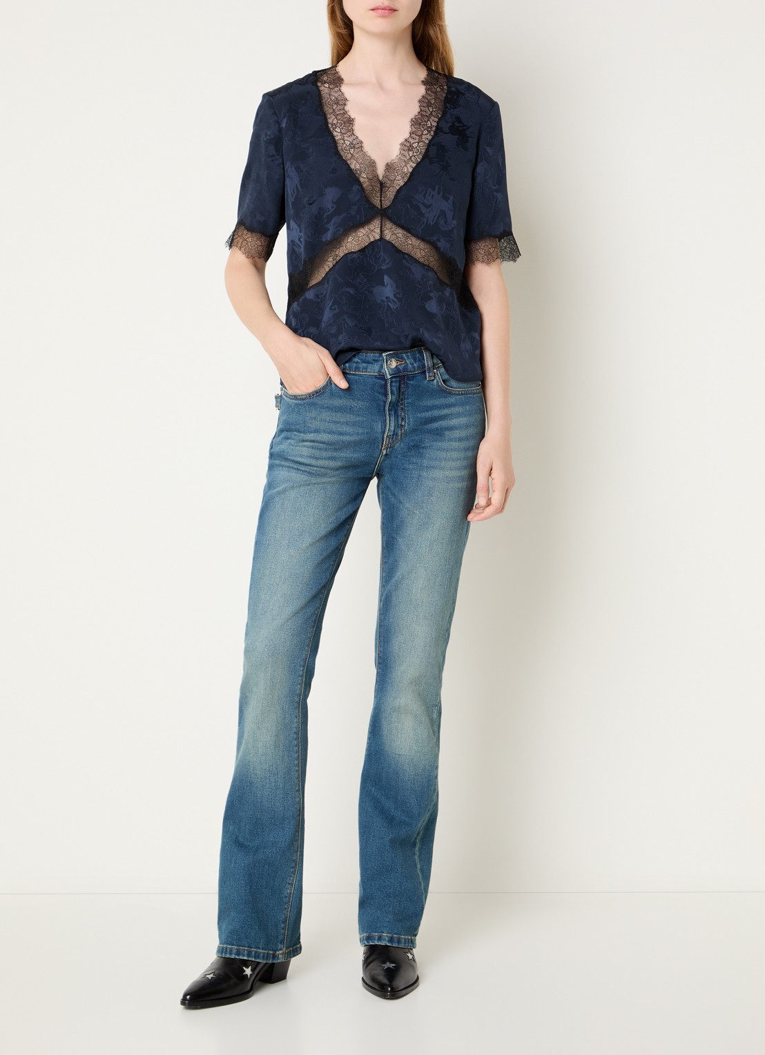 Zadig&Voltaire Tedoxa top met jacquard dessin en details van kant - voorkant 4 donkerblauw