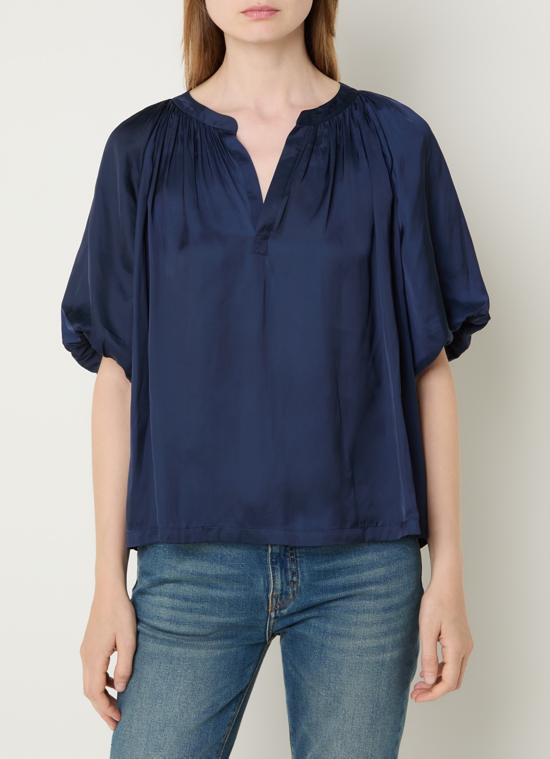 Zadig&Voltaire Teko tuniek van satijn met ballonmouw - detail donkerblauw