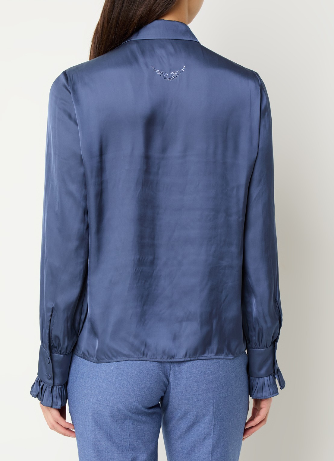 Zadig&Voltaire Thely blouse van satijn met ruches - achterkant staalblauw