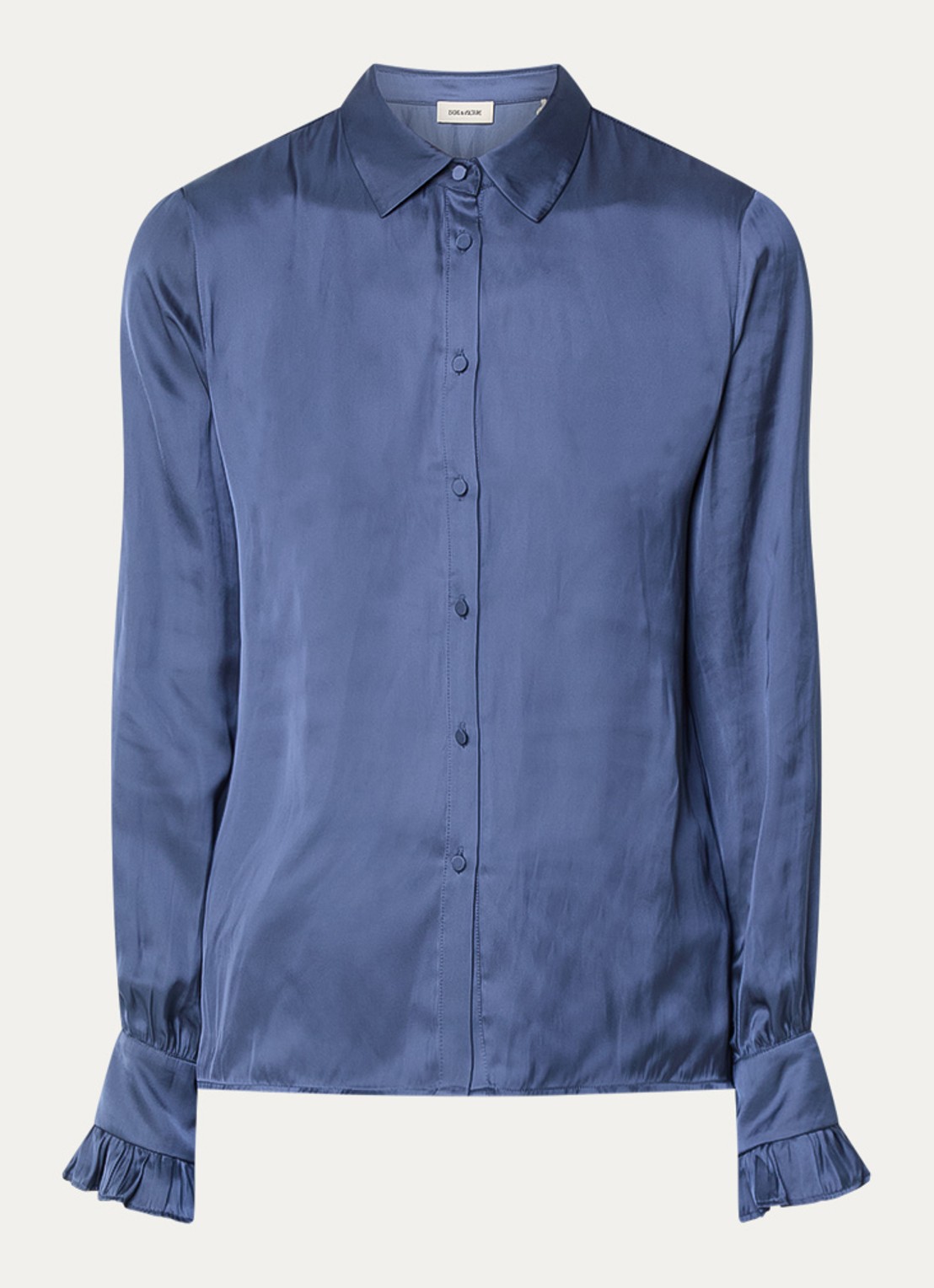 Zadig&Voltaire Thely blouse van satijn met ruches - voorkant 2 staalblauw