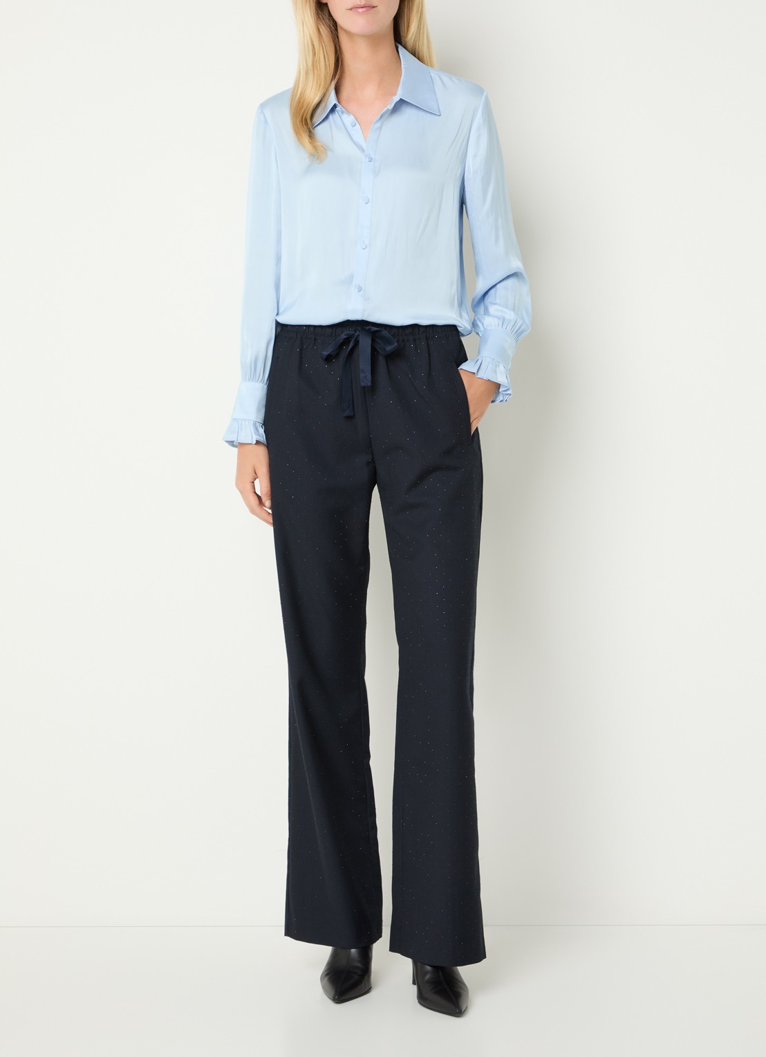 Zadig&Voltaire Thely blouse van satijn met ruches - voorkant 2 blauwgrijs