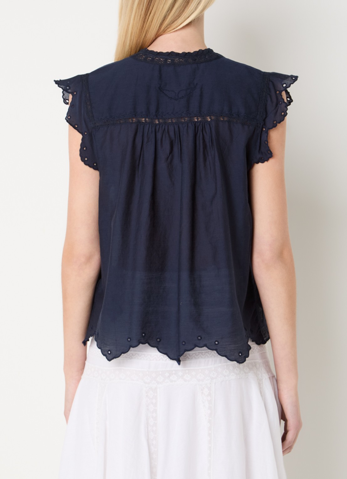 Zadig&Voltaire Tika Tomboy semi-transparante blouse met broderie - achterkant 3 donkerblauw