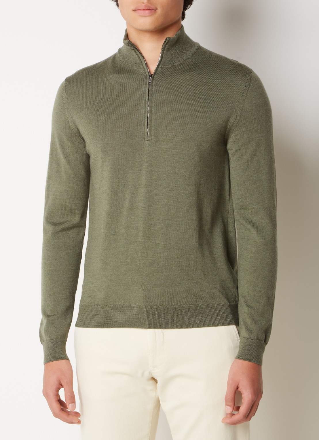 Zanone Fijngebreide pullover van scheerwol met halve rits - detail 4 olijfgroen