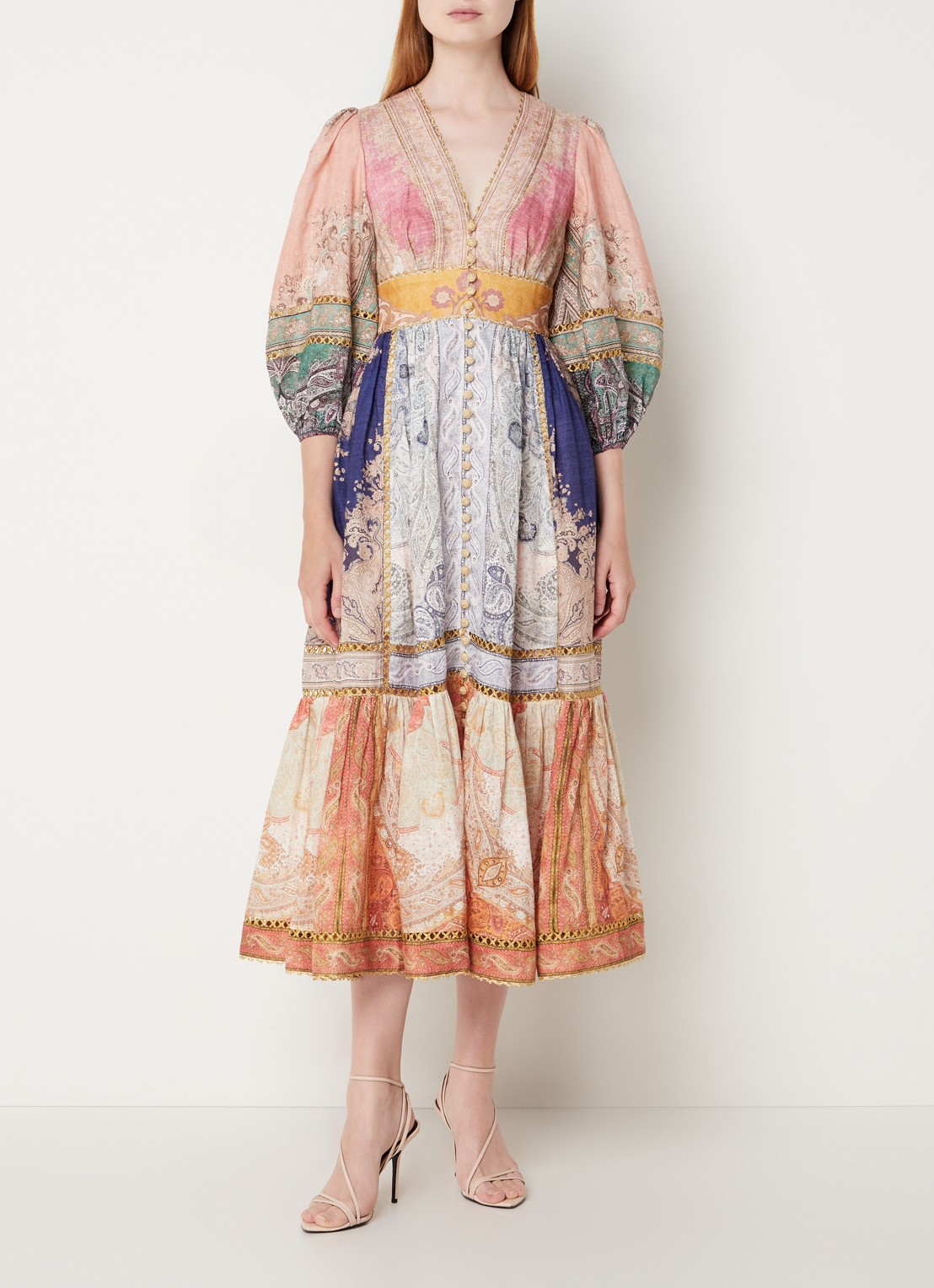 Zimmermann Anneke midi blousejurk van linnen met lurex en steekzakken - voorkant 3 orange