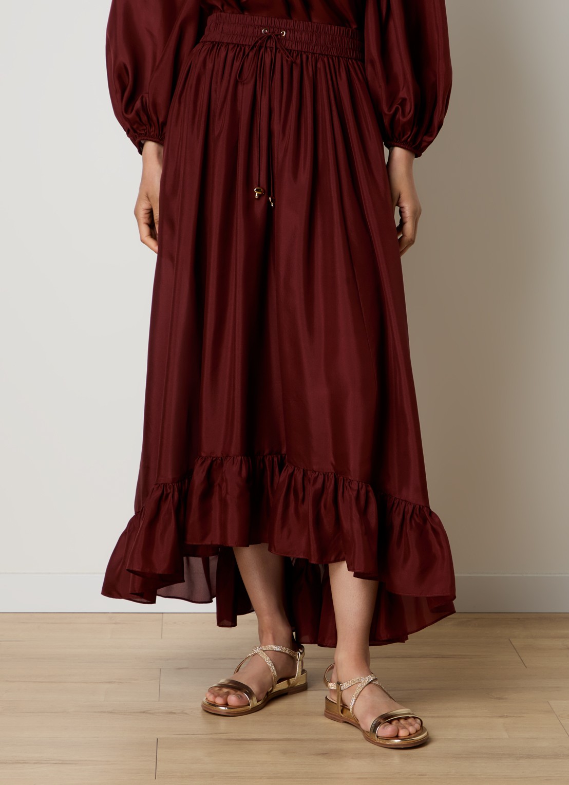 Zimmermann Aster maxi rok van zijde met volant - detail 4 bordeauxrood