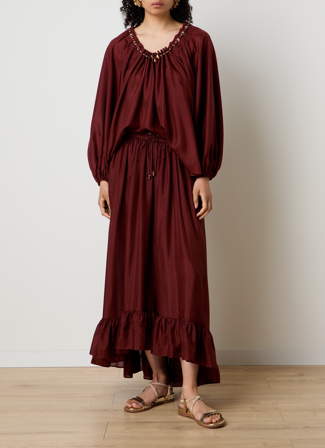 Zimmermann Aster maxi rok van zijde met volant - voorkant 3 bordeauxrood