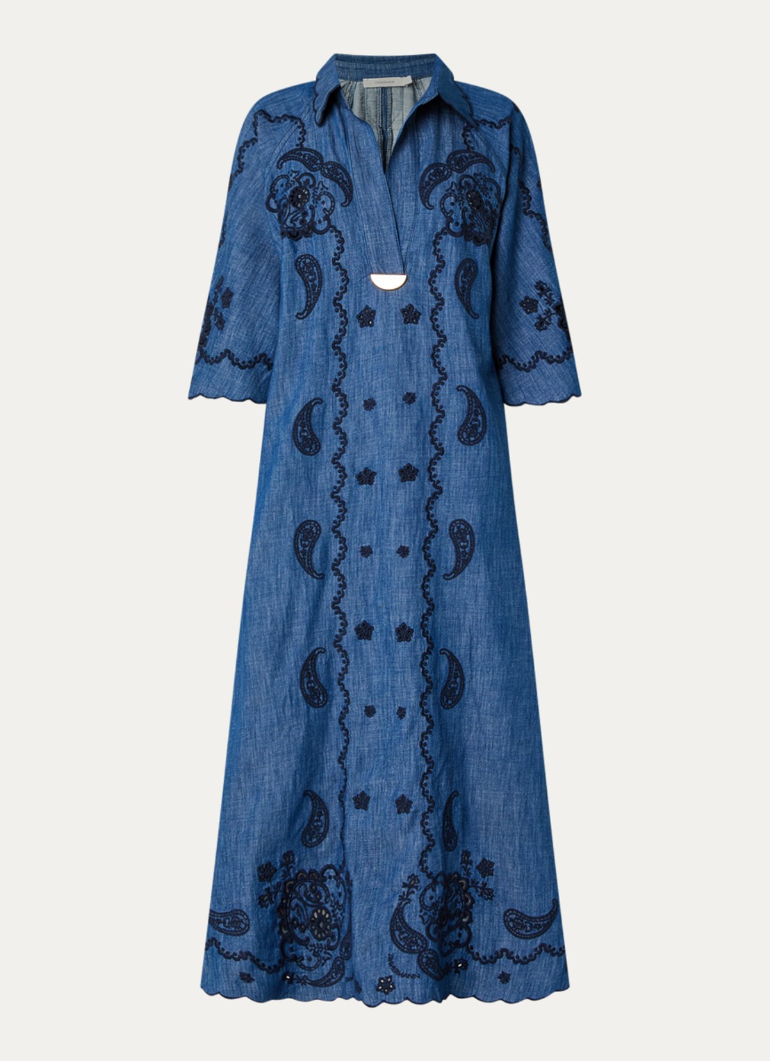 Zimmermann Aster midi denim jurk met borduring - voorkant indigo