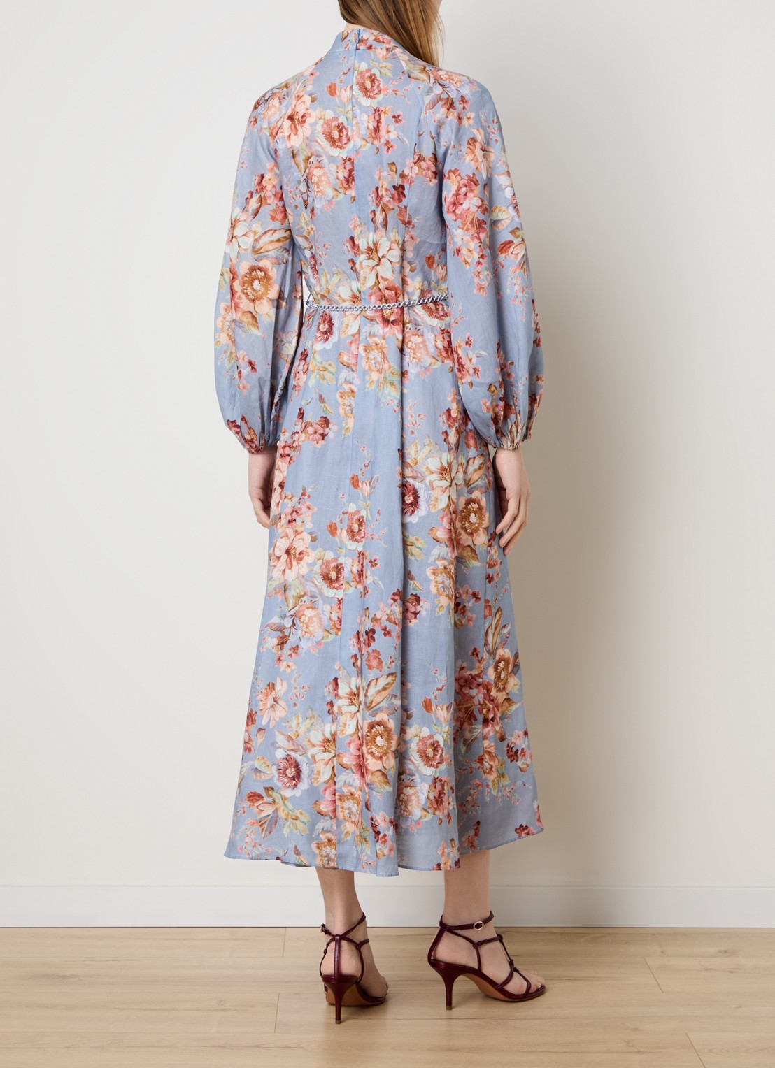 Zimmermann Awaken midi rok met bloemenprint en ceintuur - achterkant blauwgrijs