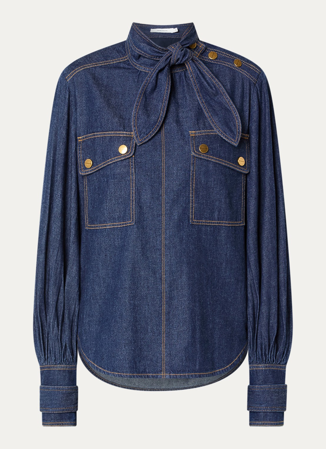 Zimmermann Blouse van chambray met sjaalkraag - voorkant 3 indigo