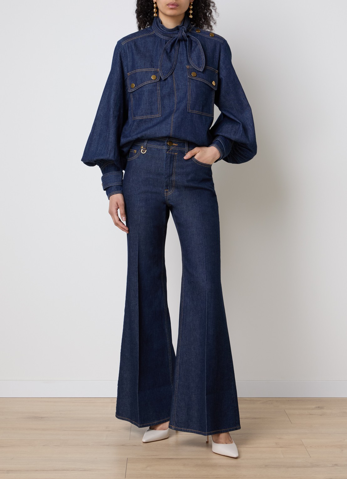Zimmermann Blouse van chambray met sjaalkraag - voorkant 4 indigo