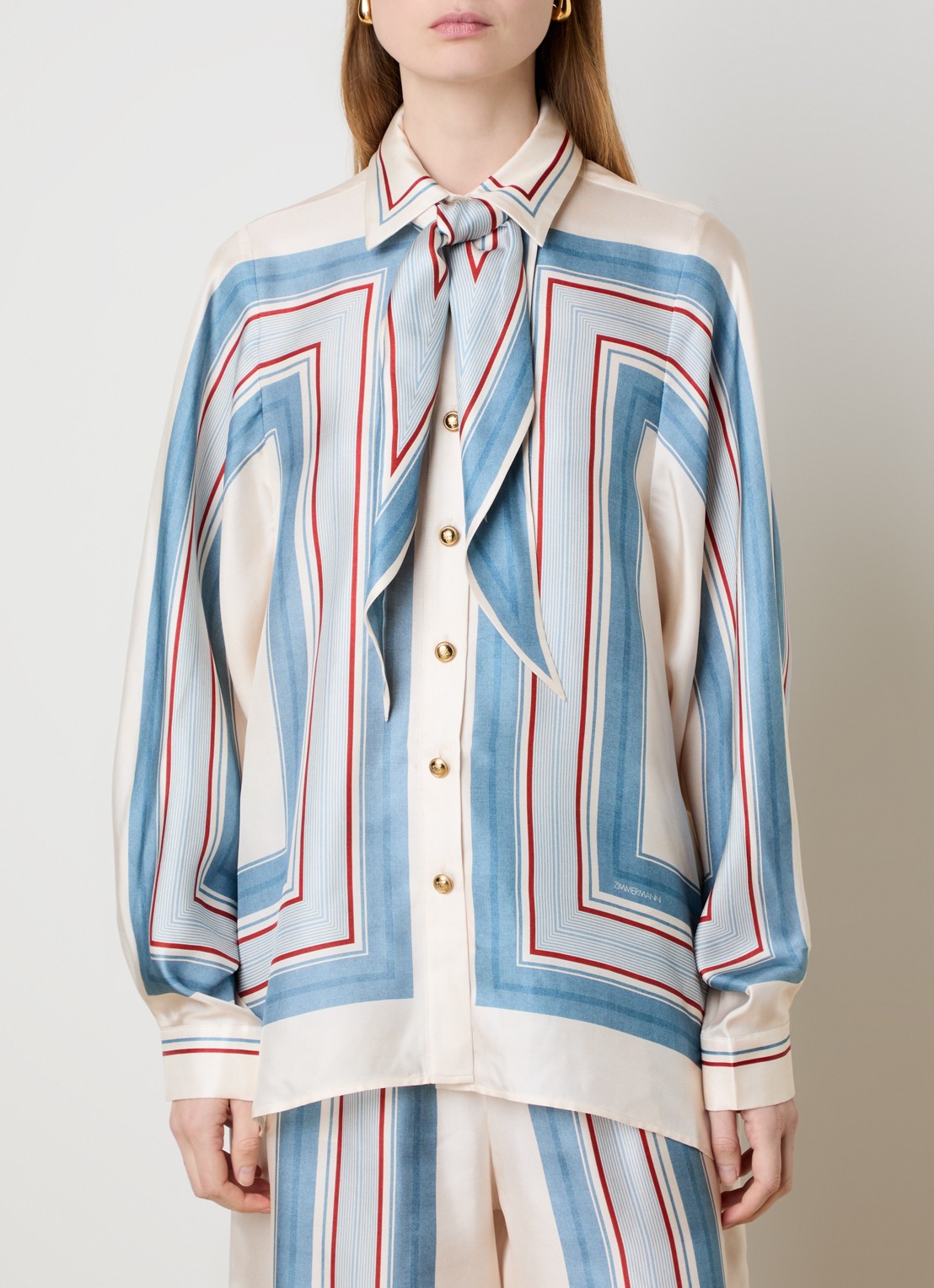 Zimmermann Blouse van zijde met print en sjaalkraag - detail creme