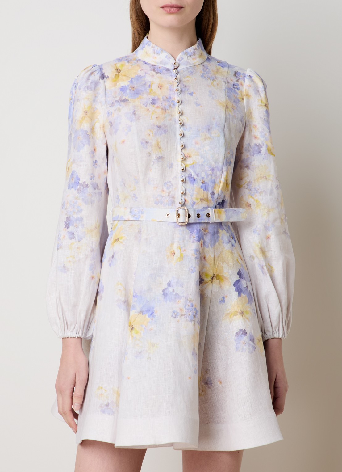 Zimmermann Crush mini jurk van linnen met bloemenprint en ceintuur - detail 4 lila