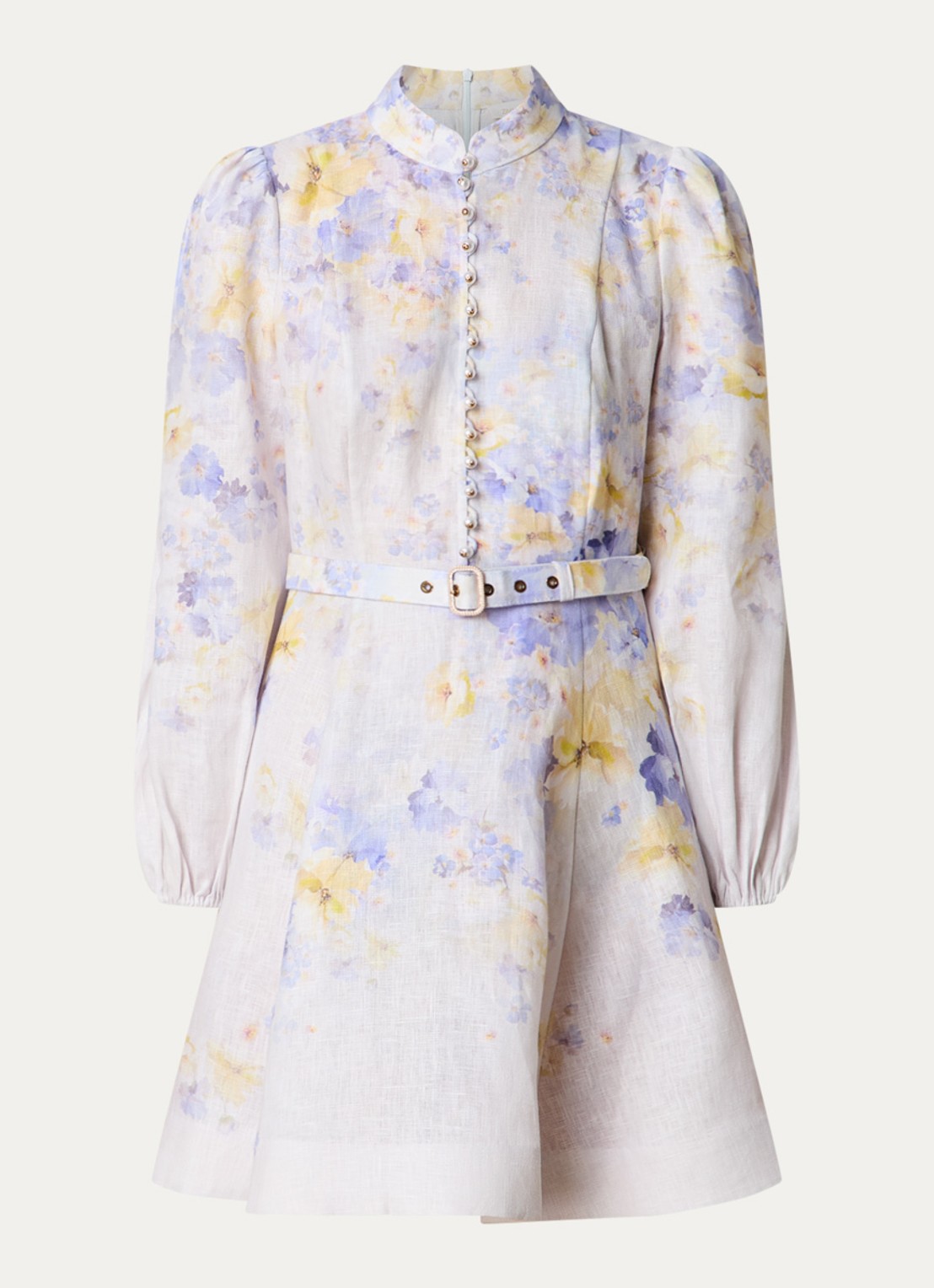 Zimmermann Crush mini jurk van linnen met bloemenprint en ceintuur - voorkant lila