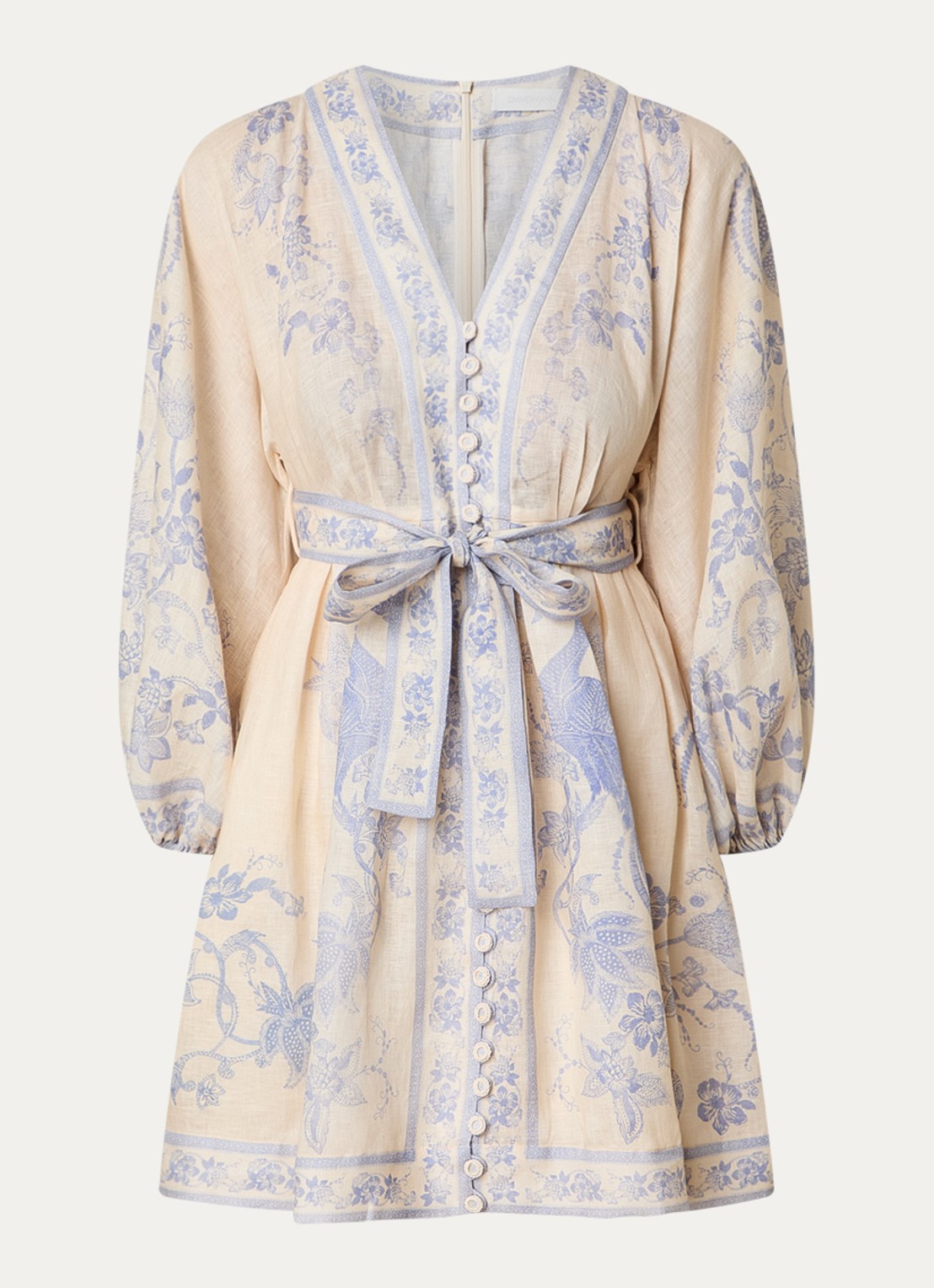 Zimmermann Indra mini blousejurk van linnen met print en strikceintuur - voorkant 3 lila