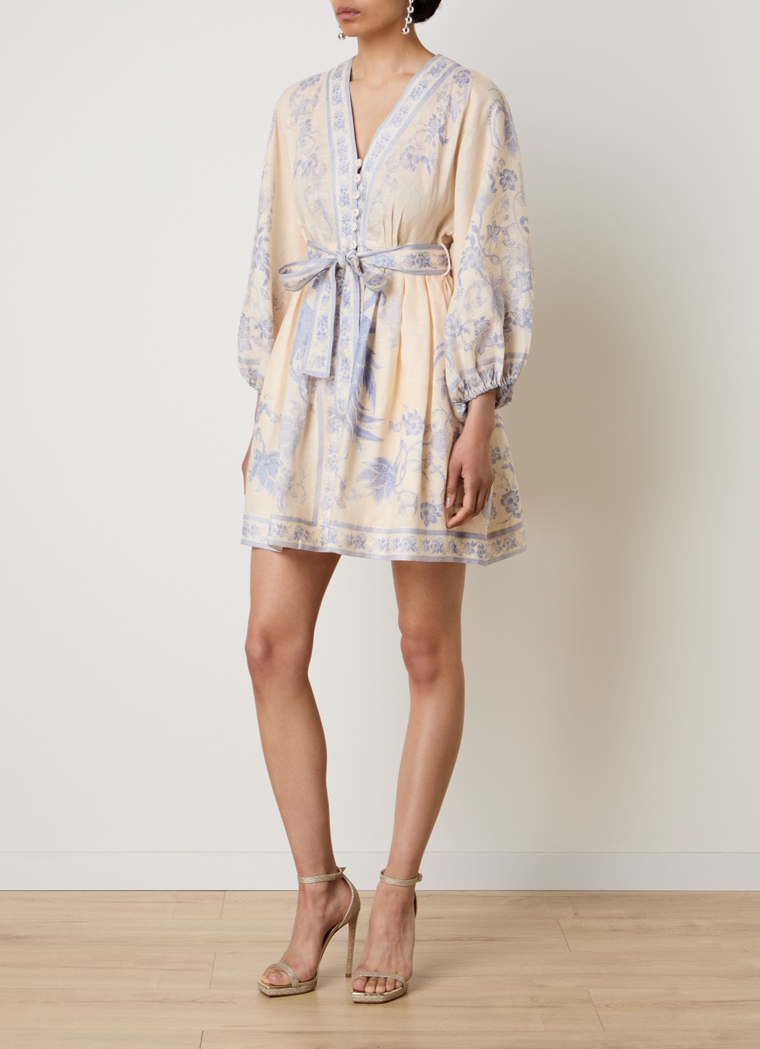 Zimmermann Indra mini blousejurk van linnen met print en strikceintuur - voorkant 4 lila