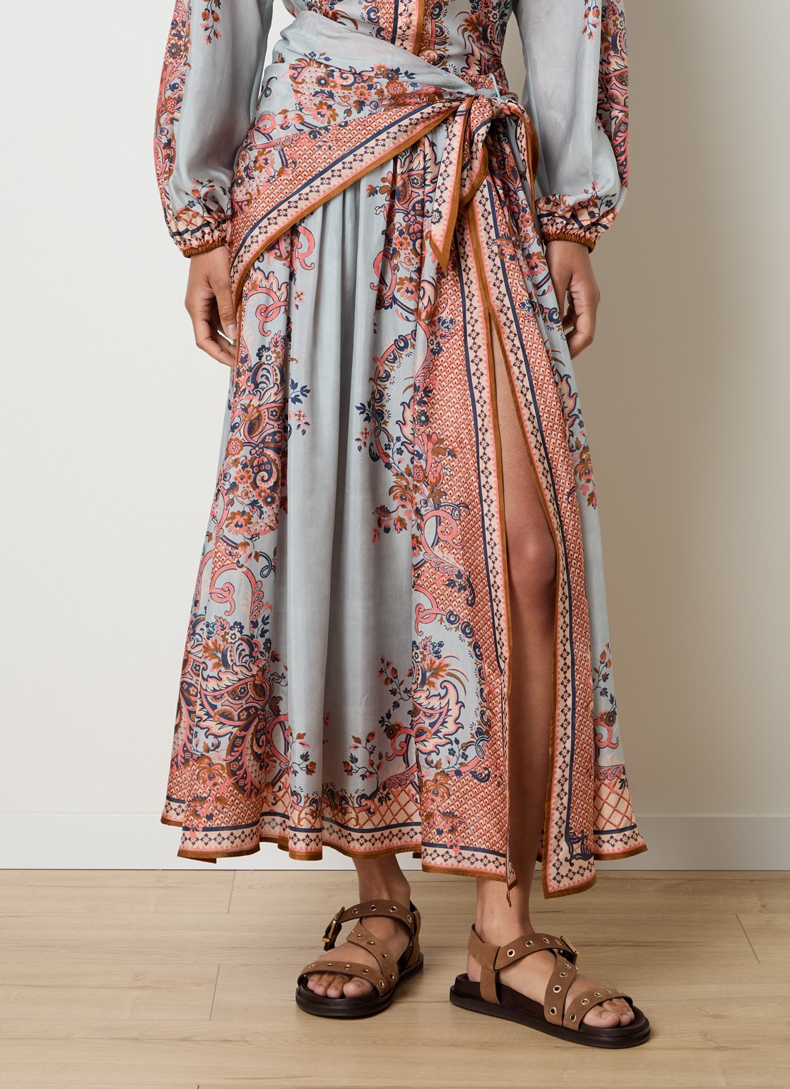 Zimmermann Maxi rok van zijde met split - detail 2 blauwgrijs