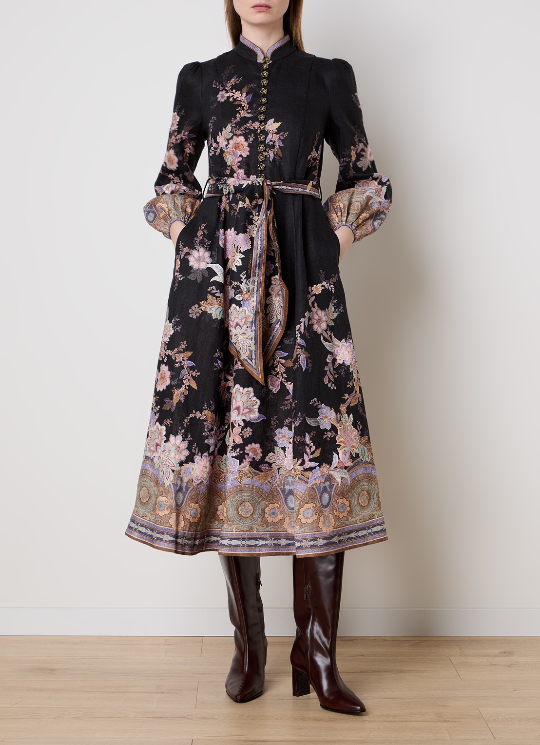 Zimmermann Midi tuniekjurk van linnen met strikceintuur - detail zwart
