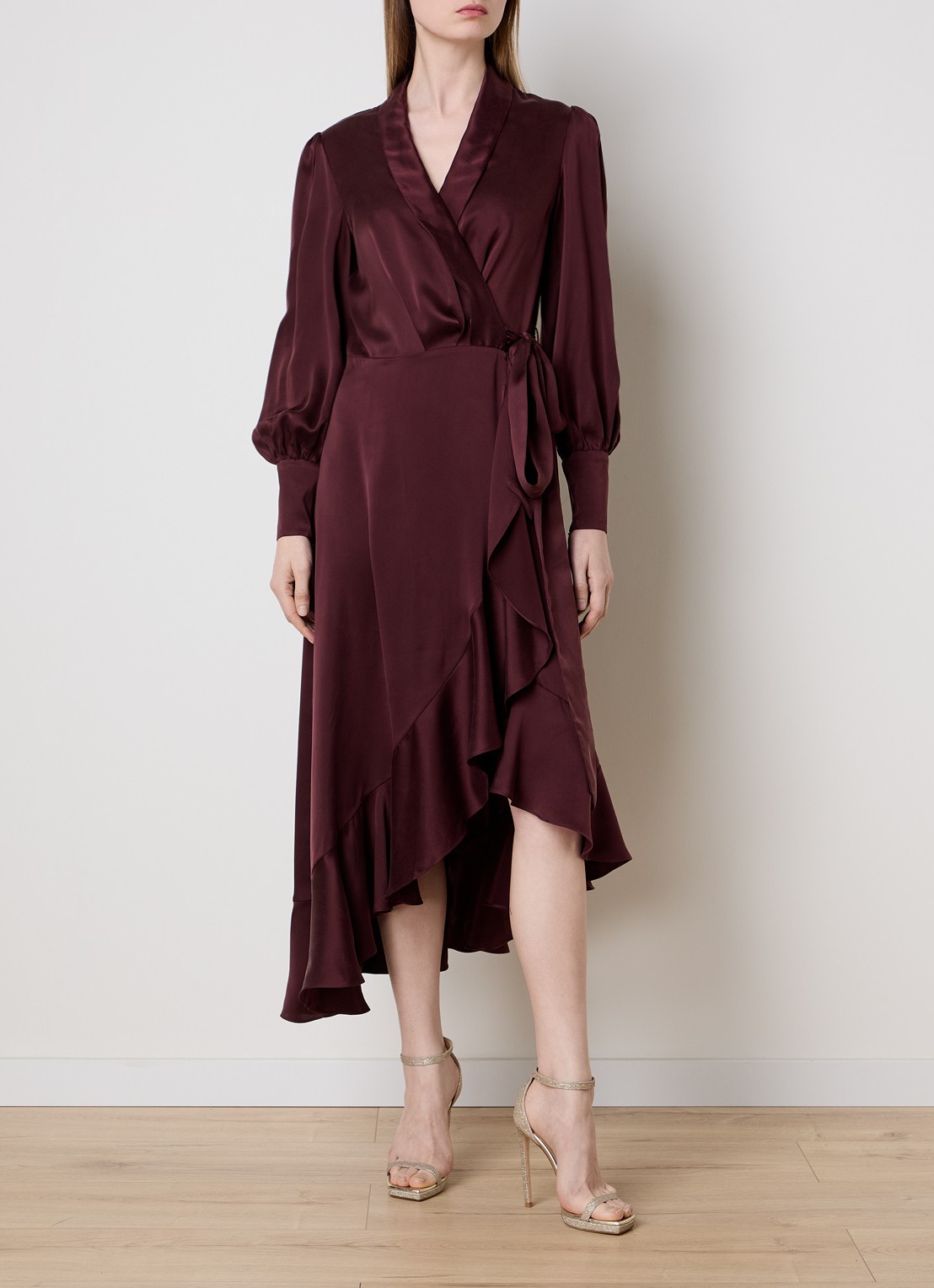 Zimmermann Midi wikkeljurk van zijde met volant - detail bordeauxrood