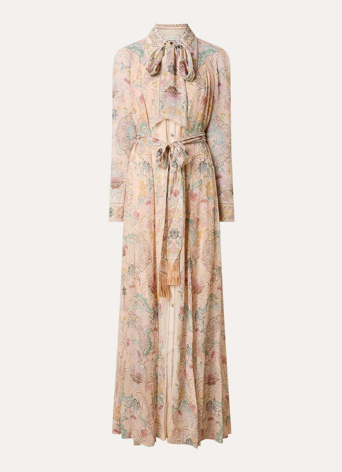 Zimmermann Rebellion maxi blousejurk met bloemenprint en strikceintuur - voorkant 4 lichtroze