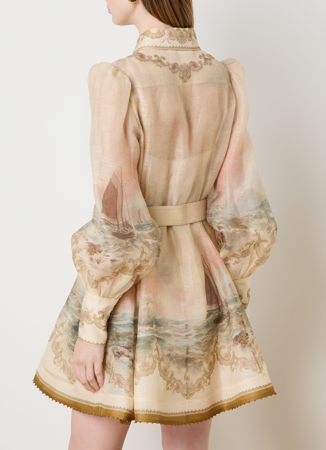 Zimmermann Rebellion mini blousejurk in zijdeblend met print en ceintuur - achterkant 5 khaki