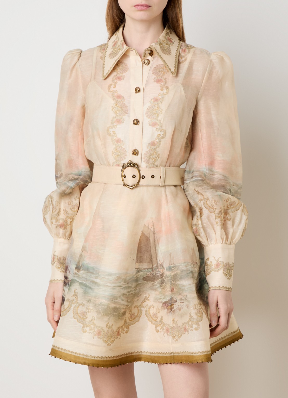 Zimmermann Rebellion mini blousejurk in zijdeblend met print en ceintuur - detail 3 khaki