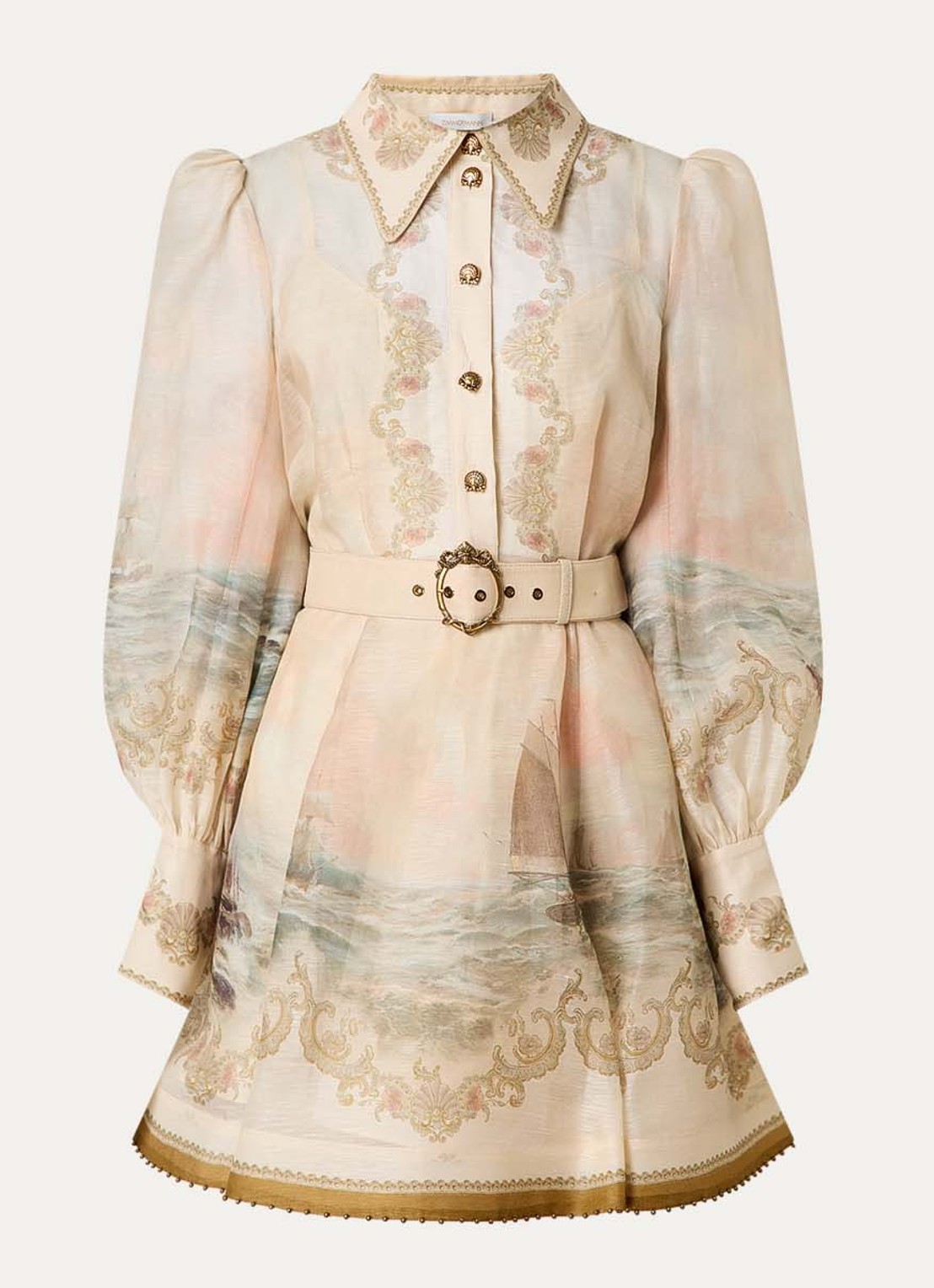 Zimmermann Rebellion mini blousejurk in zijdeblend met print en ceintuur - voorkant khaki
