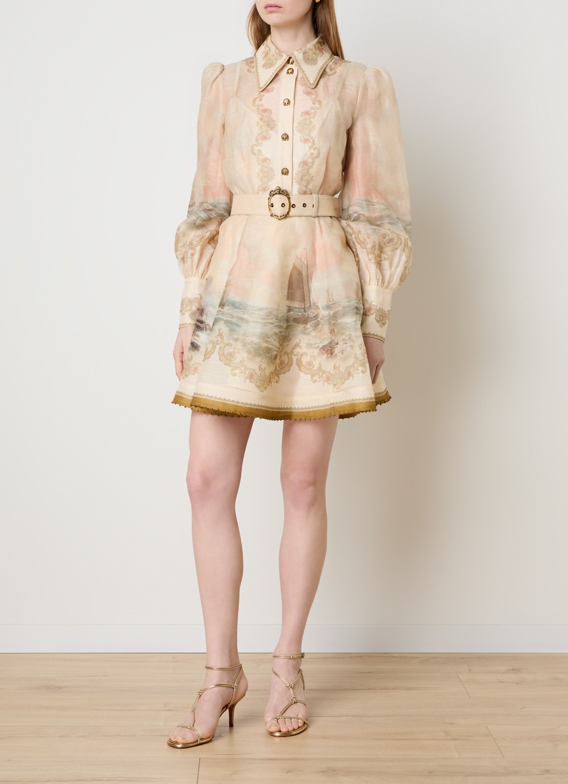 Zimmermann Rebellion mini blousejurk in zijdeblend met print en ceintuur - voorkant 2 khaki